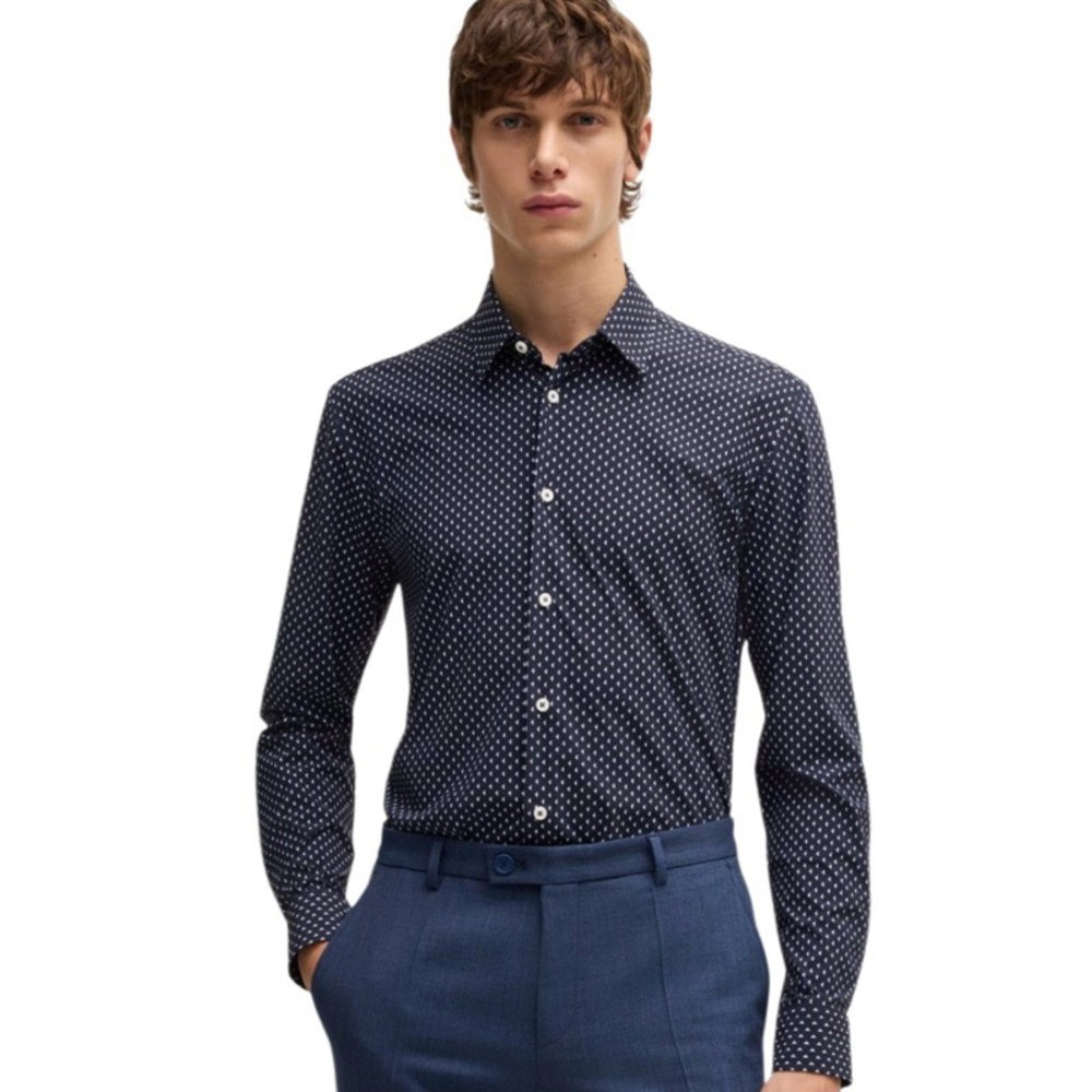 HUGO BOSS Men's Slim Fit Stretch Button-Down Shirt
XL - Navy‎ Geometric Print